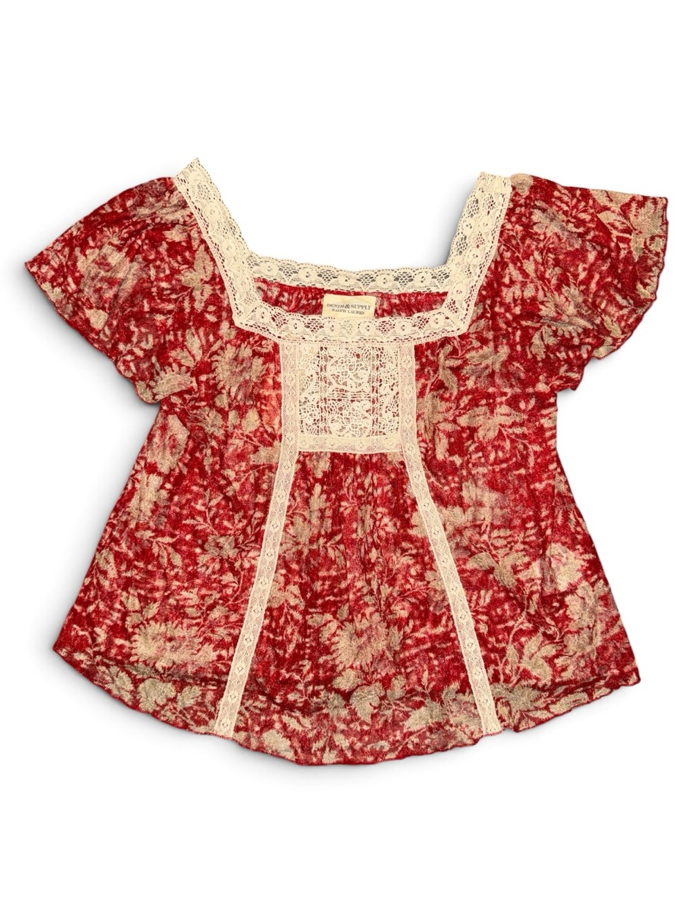 Ralph Lauren Red Floral Lace-Trim Peasant Blouse NWT